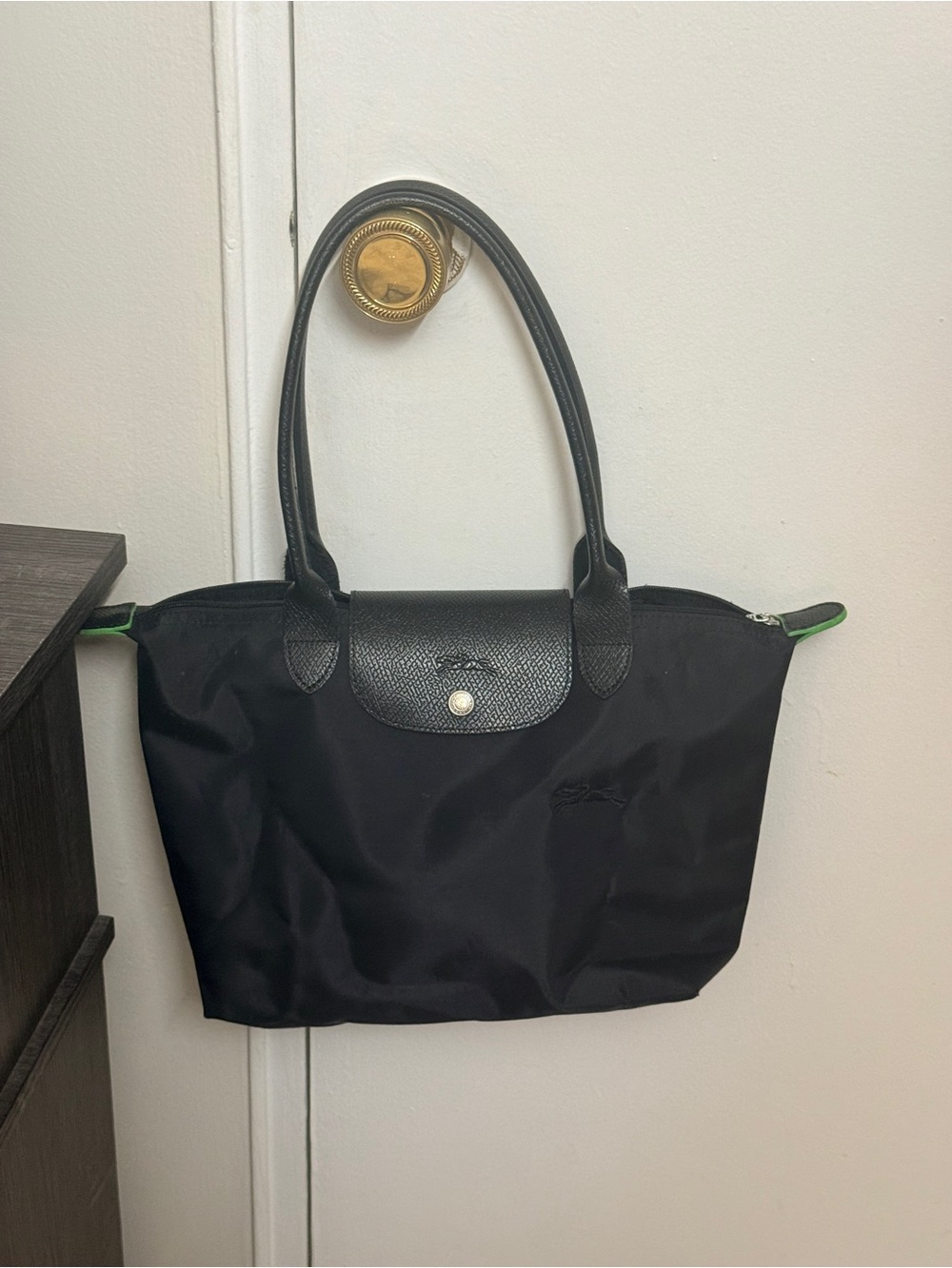 Longchamp Black Tote with Subtle Green Trim